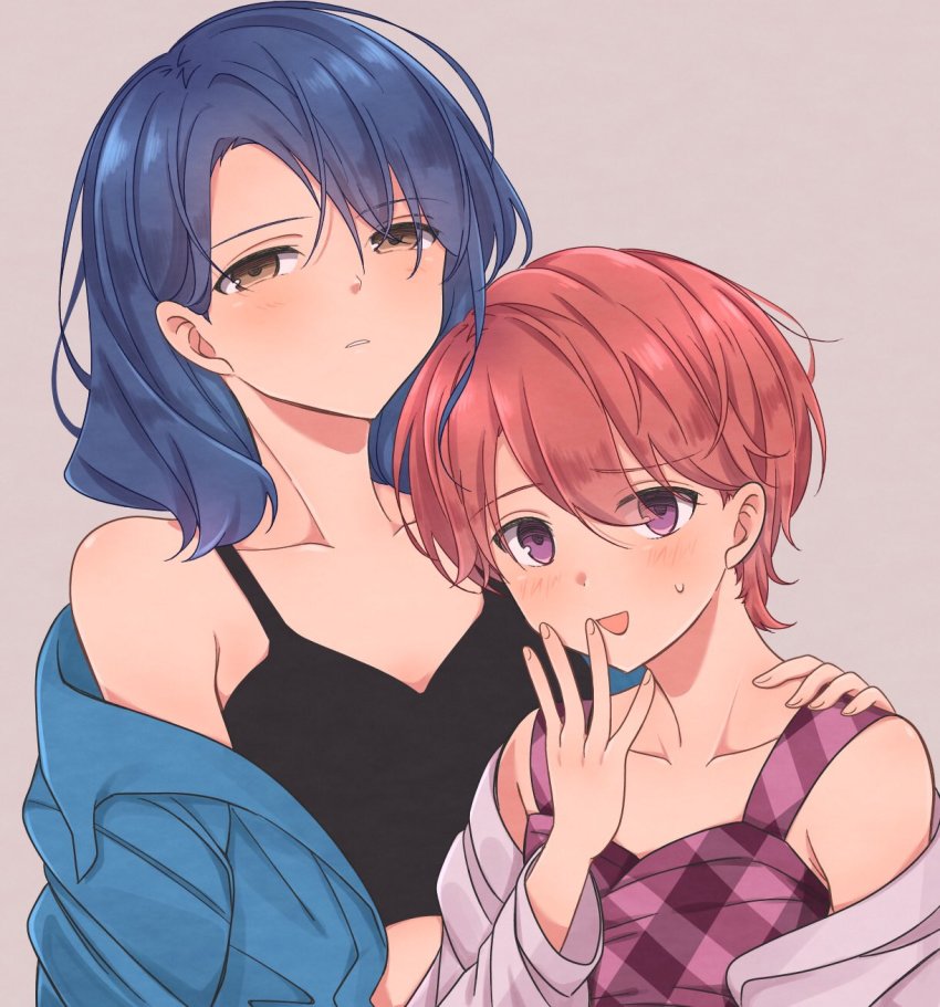 2girls, bare_shoulders, black_camisole, blue_hair, blue_jacket, blush, brown_eyes, camisole