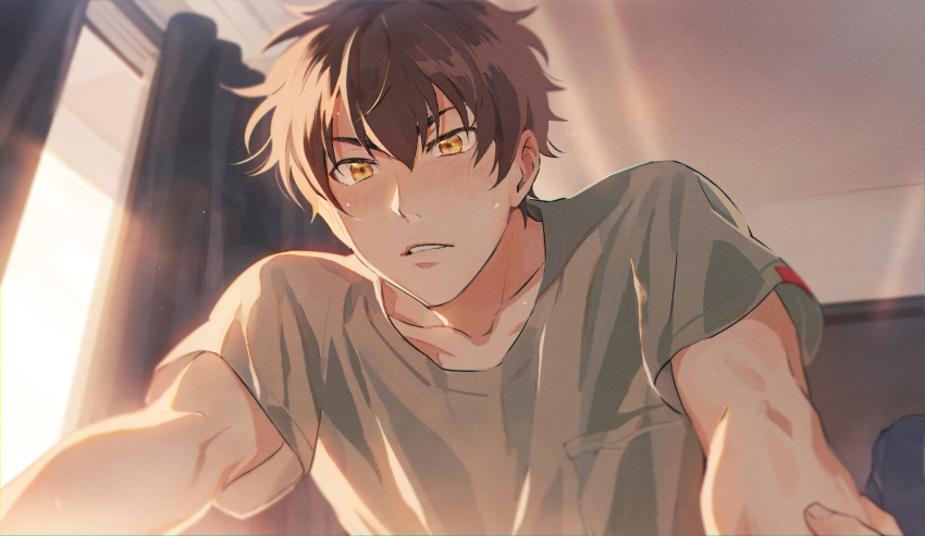 2boys, ace_of_diamond, blush, brown_eyes, brown_hair, grey_shirt, highres, indoors