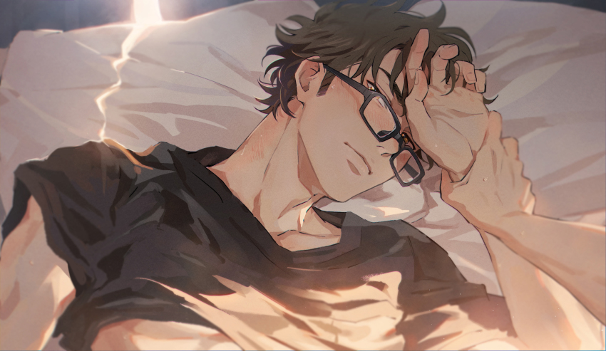 2boys, ace_of_diamond, black_shirt, blush, brown_eyes, brown_hair, closed_mouth, glasses