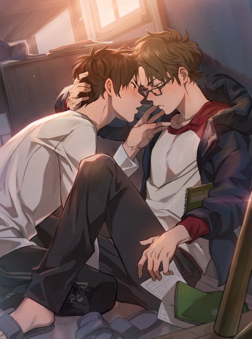 absurdres, ace_of_diamond, after_kiss, blue_jacket, blush, brown_eyes, brown_hair, couple, face-to-face, glasses, hand_on_another's_face, head_grab, highres, hood, hood_down, hooded_jacket, indoors, jacket, looking_at_another, male_focus, miyuki_kazuya, open_clothes, open_jacket, saliva, saliva_trail, sandals, sato_(sato_1_11), sawamura_eijun, shirt, short_hair, sideburns, sitting, sunlight, white_shirt, window, yaoi