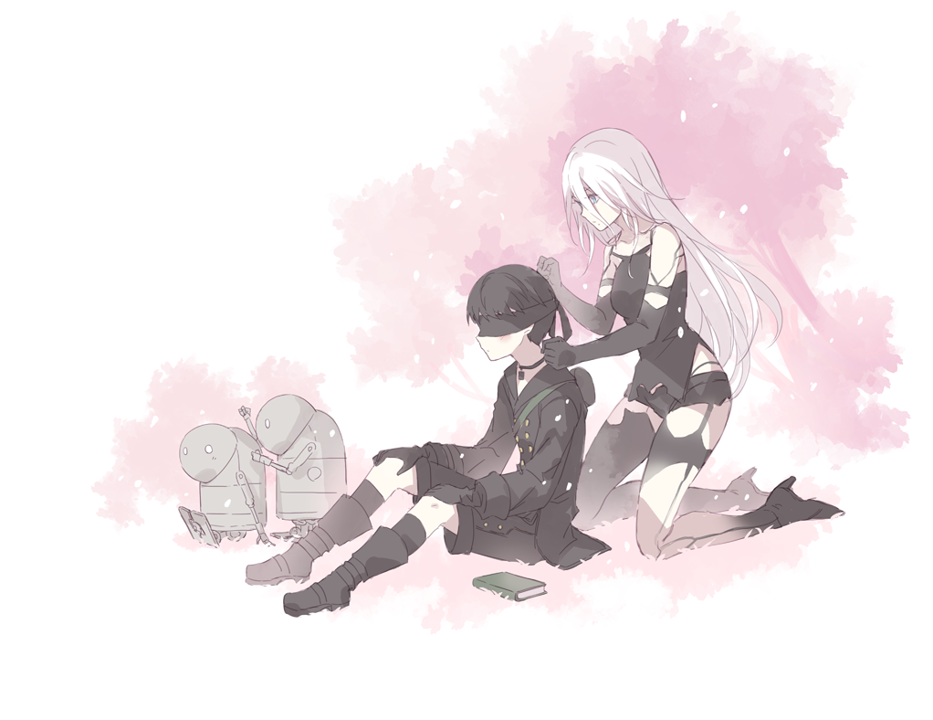 1boy, 1girl, 4s_(nier:automata), a2_(nier:automata), android, armlet, asymmetrical_legwear, bat_(coumori)