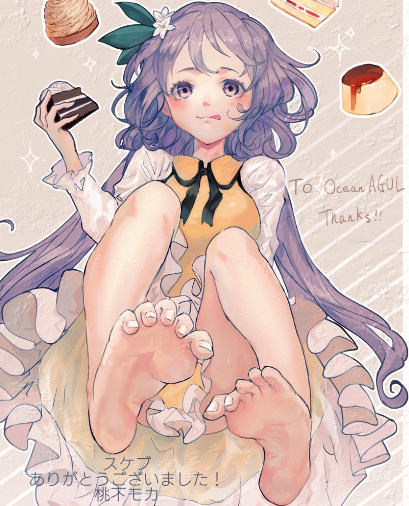 1girl, barefoot, blush, brown_dress, cake, closed_mouth, commission, dress