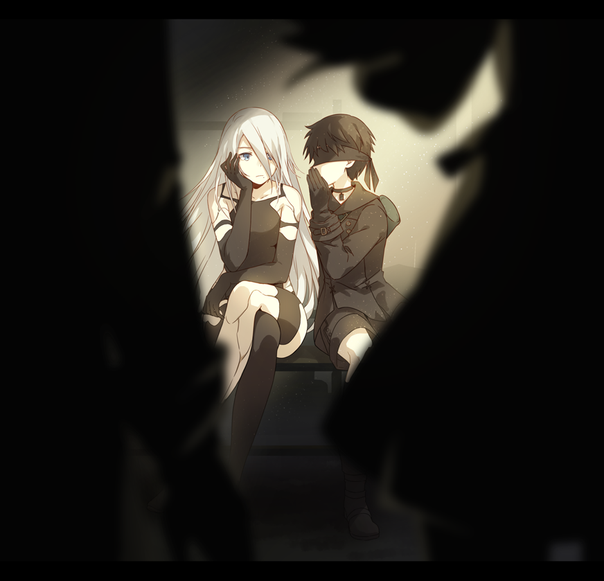1boy, 1girl, 4s_(nier:automata), a2_(nier:automata), android, armlet, asymmetrical_legwear, bat_(coumori)