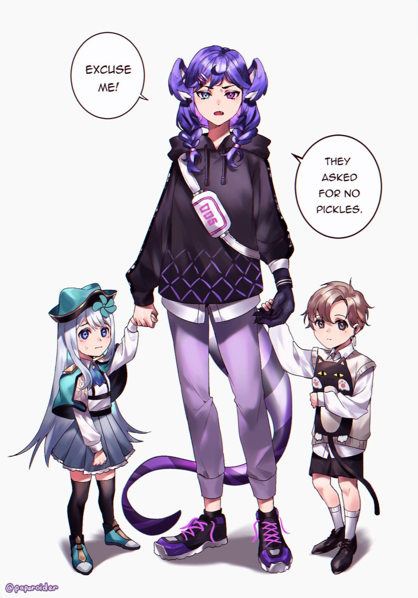 1boy, 2girls, aged_down, aqua_capelet, aqua_flower, aqua_jacket, aqua_shoes, ascot