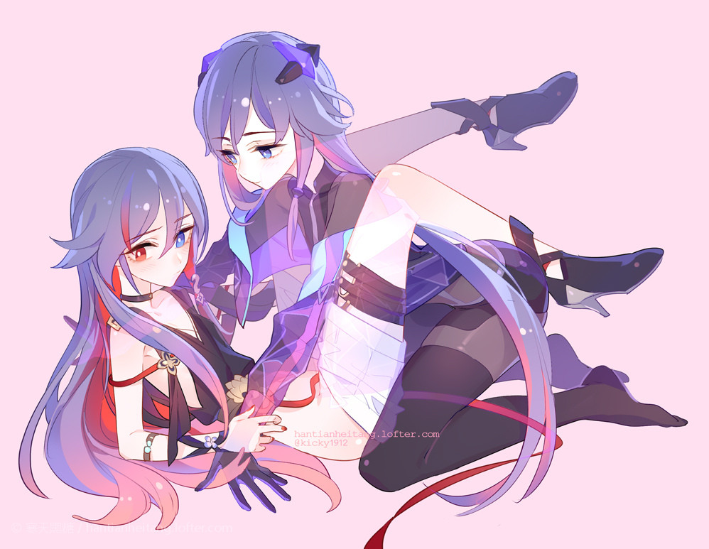 black_footwear, black_hair, black_shirt, blue_eyes, choker, closed_eyes, fu_hua, fu_hua_(night_squire)