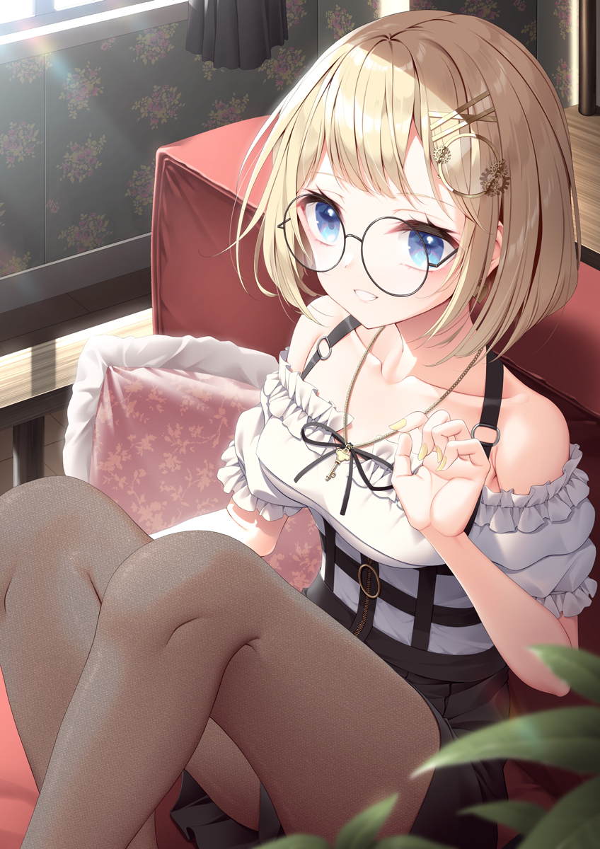 1girl, bare_shoulders, black-framed_eyewear, black_skirt, blonde_hair, blue_eyes, brown_pantyhose, commentary_request