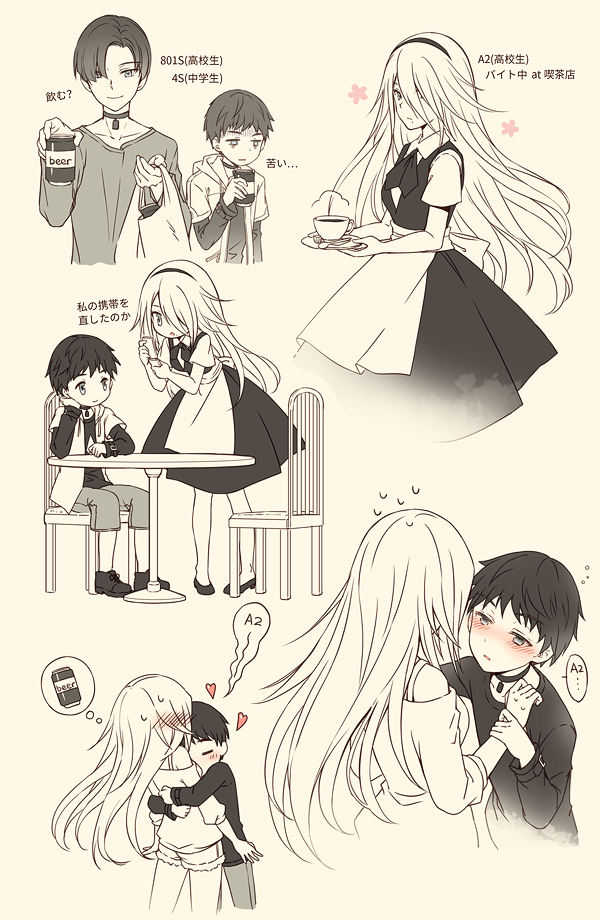 1girl, 2boys, alternate_costume, apron, bat_(coumori), black_choker, black_footwear, black_hairband, black_shirt, blush, bra_strap, cellphone, chair, choker, commentary_request, contemporary, flip_phone, hairband, hug, long_hair, monochrome, multiple_boys, nier_(series), nier:automata, off-shoulder_shirt, off_shoulder, phone, shirt, shorts, table, translation_request, waitress, 4s_(nier:automata), 801s_(nier:automata), a2_(nier:automata)