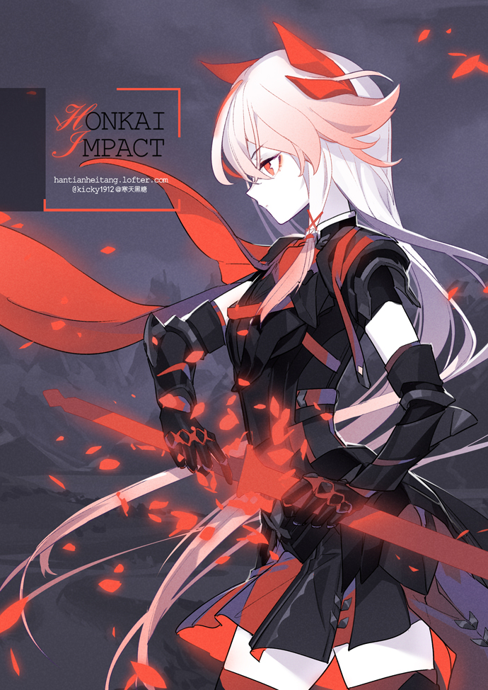 1girl, black_skirt, closed_mouth, drawing_sword, fu_hua, fu_hua_(fire_and_sword), fu_hua_(phoenix), gauntlets