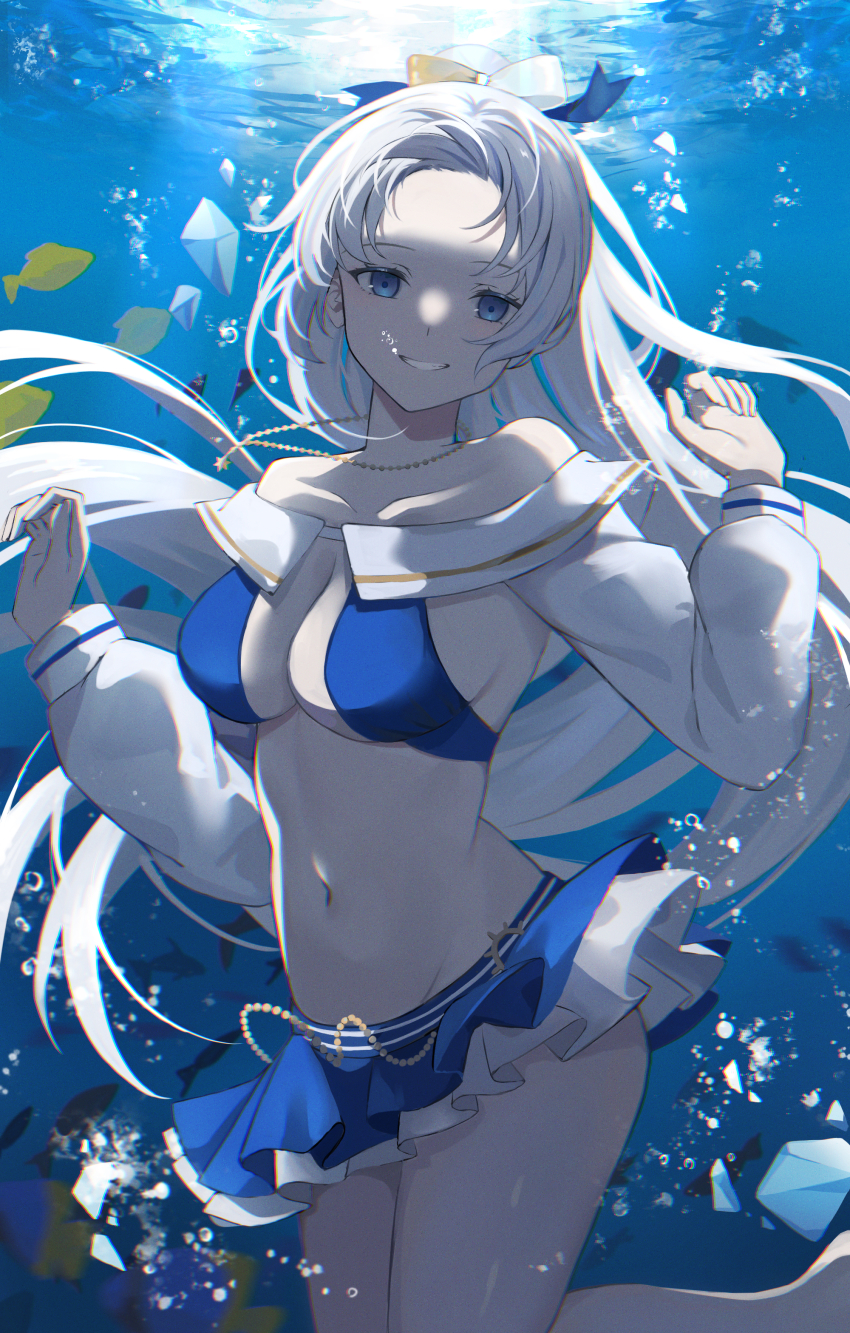 1girl, absurdres, anastasia_(fate), anastasia_(swimsuit_archer)_(third_ascension)_(fate), bare_shoulders, bikini, blue_bikini, blue_eyes