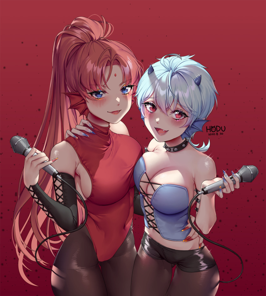 2girls, :d, \||/, ahoge, antenna_hair, arm_up, artist_name, bare_shoulders