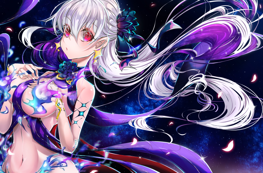 1girl, absurdres, bare_shoulders, blue_fire, blush, body_markings, bracelet, breasts, earrings, fate/grand_order, fate_(series), fire, flower, hair_flower, hair_ornament, hair_ribbon, highres, huang_j_xuan, jewelry, kama_(adult)_(fate), kama_(fate), kama_(swimsuit_avenger)_(third_ascension)_(fate), kama_(third_ascension)_(fate), large_breasts, long_hair, looking_at_viewer, lotus, multicolored_hair, navel, petals, purple_hair, red_eyes, revealing_clothes, ribbon, silver_hair, solo, space, star_(sky), star_(symbol), star_earrings, two-tone_hair