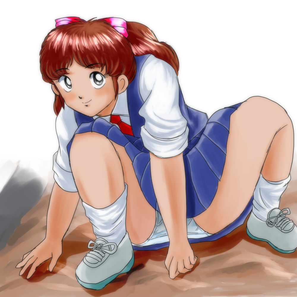 1girl, blue_dress, brown_hair, dress, grey_eyes, hair_ribbon, loli, long_hair, looking_at_viewer, necktie, nitta_yuka, pac_(onaraseijin), panties, pink_ribbon, ponytail, pubic_hair, red_necktie, ribbon, rock, school_uniform, shirt, shoes, short_sleeves, sleeveless, sleeveless_dress, smile, sneakers, socks, spread_legs, squatting, touch_(manga), underwear, white_panties, white_shirt, white_shoes, white_socks
