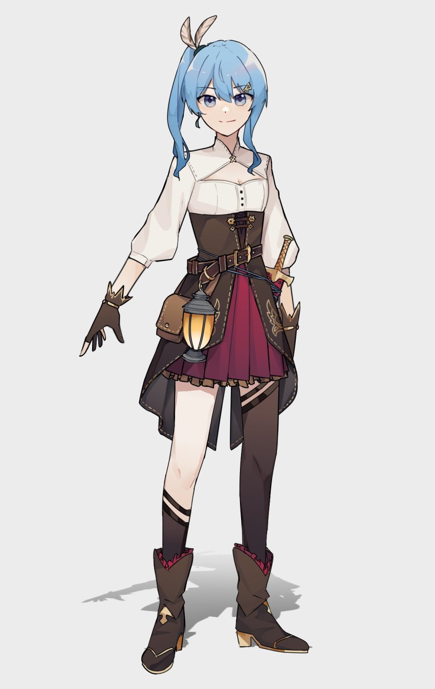 1girl, asymmetrical_legwear, belt, black_bow, black_socks, blue_eyes, blue_hair, boots, bow, breasts, brown_boots, brown_skirt, cleavage, cosplay, dagger, feather_hair_ornament, feathers, hair_ornament, hairclip, hand_on_own_hip, high-waist_skirt, highres, hololive, hololive_english, hoshimachi_suisei, kiel_adair, kneehighs, knife, lantern, looking_at_viewer, nanashi_mumei, nanashi_mumei_(1st_costume), nanashi_mumei_(cosplay), pleated_skirt, red_skirt, sheath, sheathed, side_ponytail, single_kneehigh, single_sock, single_thighhigh, skirt, small_breasts, smile, socks, solo, standing, thighhighs, uneven_legwear, virtual_youtuber, weapon