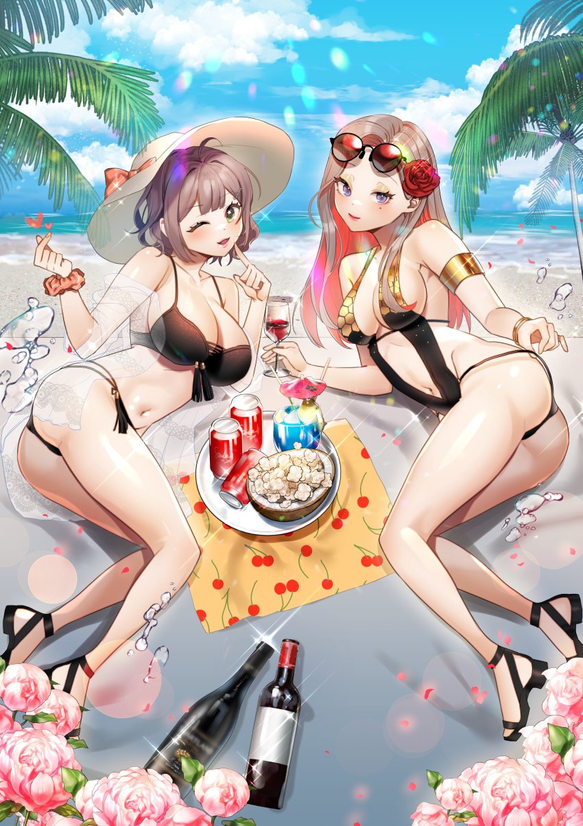 2girls, absurdres, alternate_hairstyle, artist_request, beach, bikini, black_bikini, black_footwear, black_one-piece_swimsuit, black_slingshot_swimsuit, bottle, breasts, can, cleavage, clothes_pull, cloud, colored_inner_hair, commentary, english_commentary, eyewear_on_head, flower, food, green_eyes, hair_flower, hair_ornament, hat, head_tilt, highres, large_breasts, lens_flare, long_hair, looking_at_viewer, lying, medium_breasts, midriff, miori_celesta, mole, mole_under_eye, multicolored_hair, multiple_girls, navel, ocean, on_side, one-piece_swimsuit, one-piece_swimsuit_pull, one_eye_closed, orange_hair, orla_gan_ceann, palm_tree, popcorn, purple_eyes, red_flower, red_rose, rose, second-party_source, short_hair, sky, slingshot_swimsuit, smile, sun_hat, sunglasses, swimsuit, tree, tsunderia, virtual_youtuber, water, wine_bottle