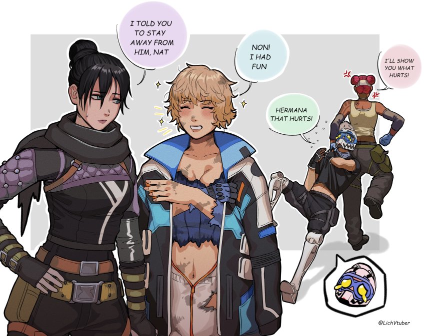 1boy, 3girls, ^_^, anger_vein, apex_legends, black_bodysuit, black_pants, black_shirt, blonde_hair, blue_eyes, blue_gloves, bodysuit, borrowed_clothes, brown_tank_top, bsapricot, burnt, cargo_pants, clenched_hand, closed_eyes, crying, dark-skinned_female, dark_skin, detached_sleeves, dual_wielding, english_text, gloves, goggles, hair_behind_ear, hair_bun, hand_on_own_hip, helmet, highres, holding, lifeline_(apex_legends), looking_to_the_side, messy_hair, motorcycle_helmet, multiple_girls, navel, octane_(apex_legends), pants, red_hair, shirt, short_hair, single_glove, single_hair_bun, smile, speech_bubble, sweatdrop, tank_top, the_victory_lap_octane, wattson_(apex_legends), white_bodysuit, wraith_(apex_legends)