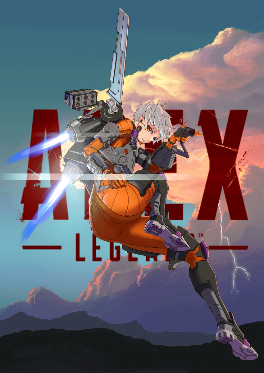 absurdres, apex_legends, armored_boots, ass, black_boots, bodysuit, boots, cloud, copyright_name, finger_gun, floating, hair_behind_ear, highres, huge_filesize, in-universe_location, jetpack, lightning, logo, looking_to_the_side, mountain, orange_bodysuit, orange_eyes, parted_lips, science_fiction, smile, solo, tbocart, thrusters, valkyrie_(apex_legends), world's_edge