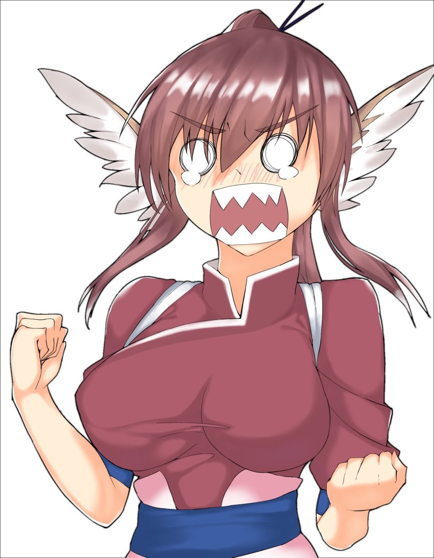 1girl, angry, animal_ears, aquaplus, blush, breasts, collared_dress, dress, hair_between_eyes, hair_ornament, highres, large_breasts, long_hair, nose_blush, oh_dun_dun, open_mouth, ponytail, sidelocks, solo, tearing_up, tears, teeth, touka_(utawarerumono), upper_body, utawarerumono, utawarerumono:_itsuwari_no_kamen