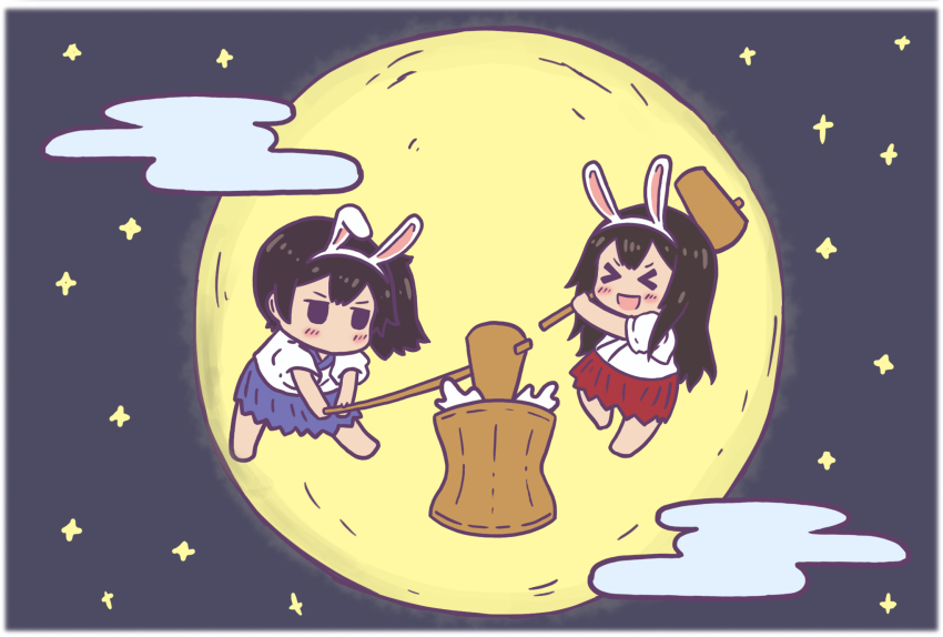 >_<, 2girls, aged_down, akagi_(kancolle), animal_ears, barefoot, blue_hakama, blush