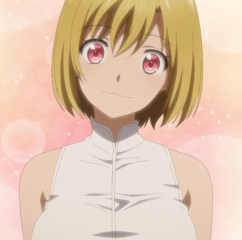 1girl, blonde_hair, breasts, highres, large_breasts, looking_at_viewer, peach_boy_riverside, red_eyes