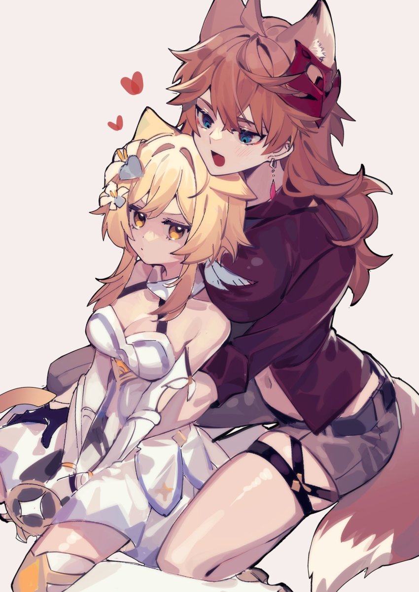 2girls, ahoge, animal_ears, asymmetrical_legwear, bare_shoulders, blonde_hair, blue_eyes, boots