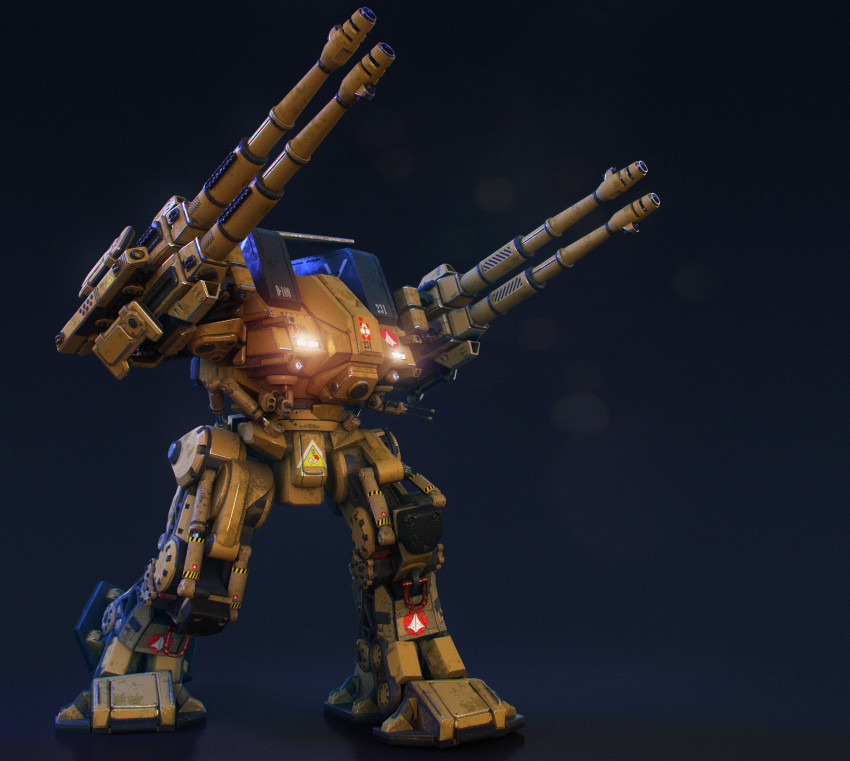 3d, aiming, arm_cannon, battletech, cannon, choujikuu_yousai_macross, commentary, damaged, defender_(macross), destroid, english_commentary, highres, lights, machinery, macross, mecha, muzzle, no_humans, non-humanoid_robot, original, radar, realistic, redesign, rickstefani, rifleman_(battletech), robot, robotech, roundel, science_fiction, sign, solo, u.n._spacy, walker_(robot), warning_sign, weapon