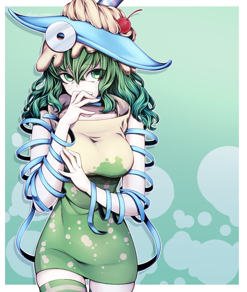 1girl, bare_shoulders, bubble_background, cherry, curly_hair, dress, food, fruit, green_eyes, green_hair, hair_ornament, hand_on_own_face, hat, highres, hourglass, kimi_ga_shine, long_hair, looking_at_viewer, ribbon, short_hair, sleeveless, sleeveless_dress, solo_focus, strapless, strapless_dress, striped, tears, thighhighs, hannakii, tube_dress, yuuki_kmgsn