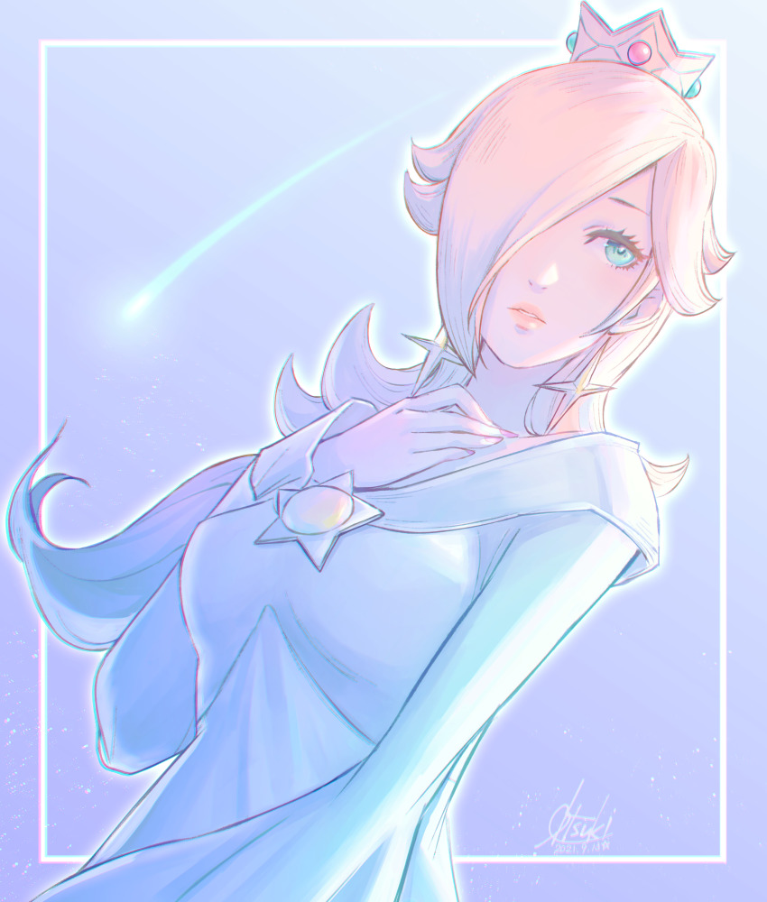 1girl, absurdres, blonde_hair, blue_dress, blue_eyes, crown, dress, earrings