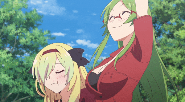 2girls, :3, animated, animated_gif, arm_up, black_bra, black_dress, blonde_hair