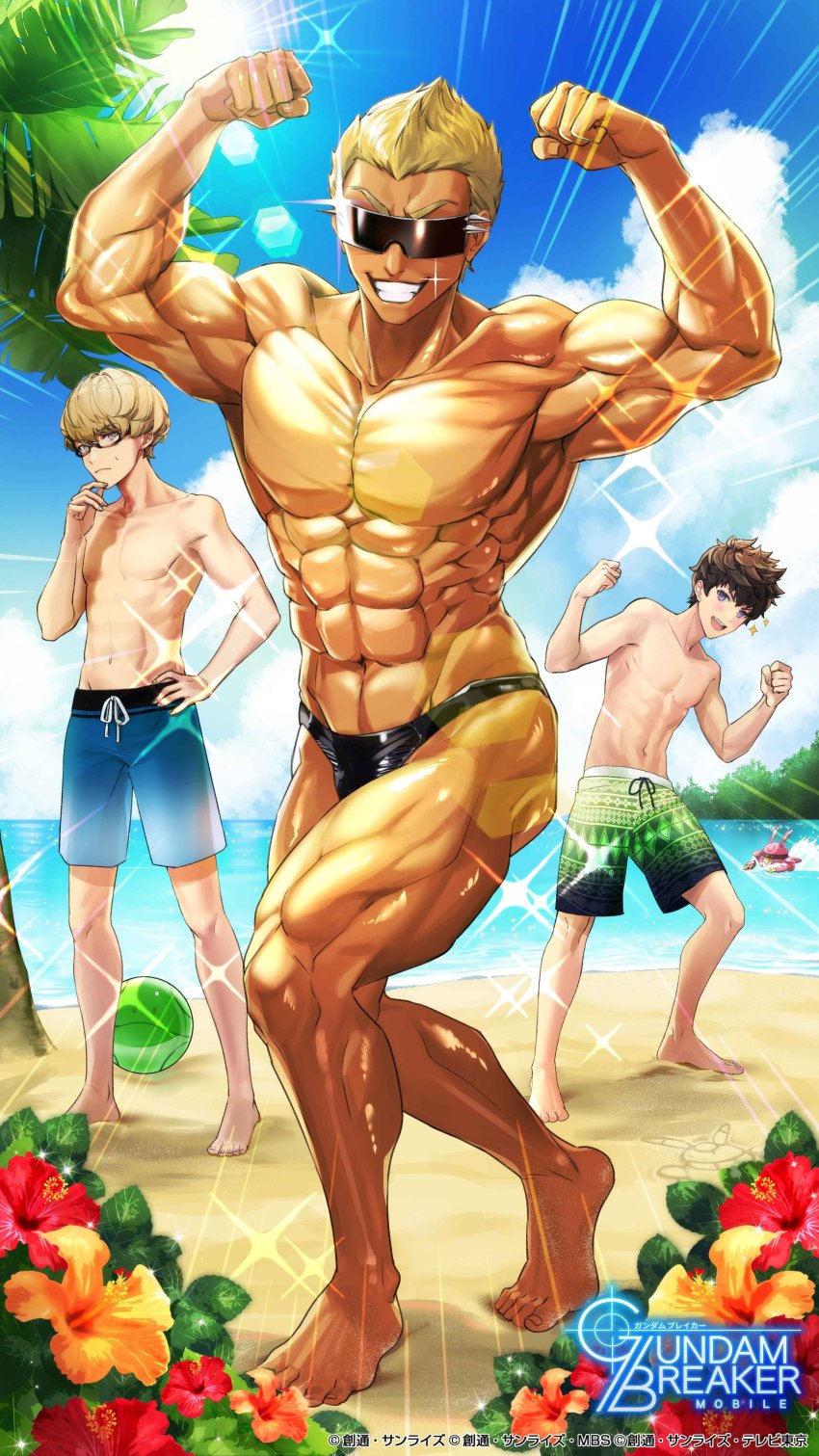 3boys, abs, absurdres, aizen_touma, artist_request, beach, biceps, black_one-piece_swimsuit