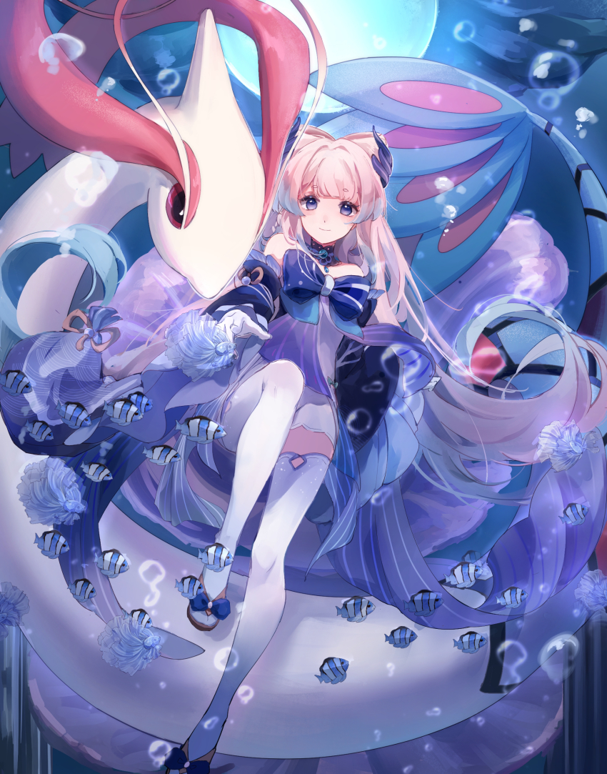 1girl, a_ji, bare_shoulders, blue_dress, blue_hair, blunt_bangs, bow, bubble, detached_sleeves, dress, fins, fish, full_body, gen_3_pokemon, genshin_impact, gloves, gradient_hair, hair_ornament, highres, leg_lift, long_hair, milotic, multicolored_hair, nintendo, outstretched_hand, pink_hair, pokemon, pokemon_(creature), purple_eyes, ribbon, sandals, sangonomiya_kokomi, solo, thighhighs, underwater, very_long_hair, water, white_gloves, white_thighhighs