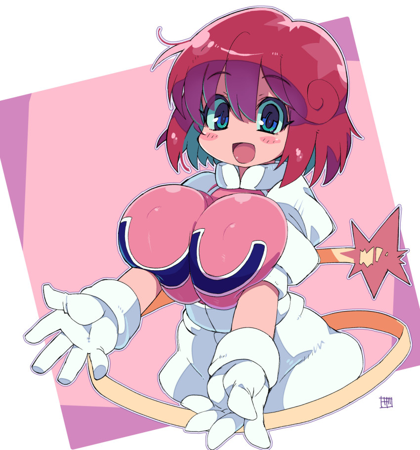 blue_eyes, blush_stickers, bombergirl, border, breasts, breasts_squeezed_together, collar, gloves