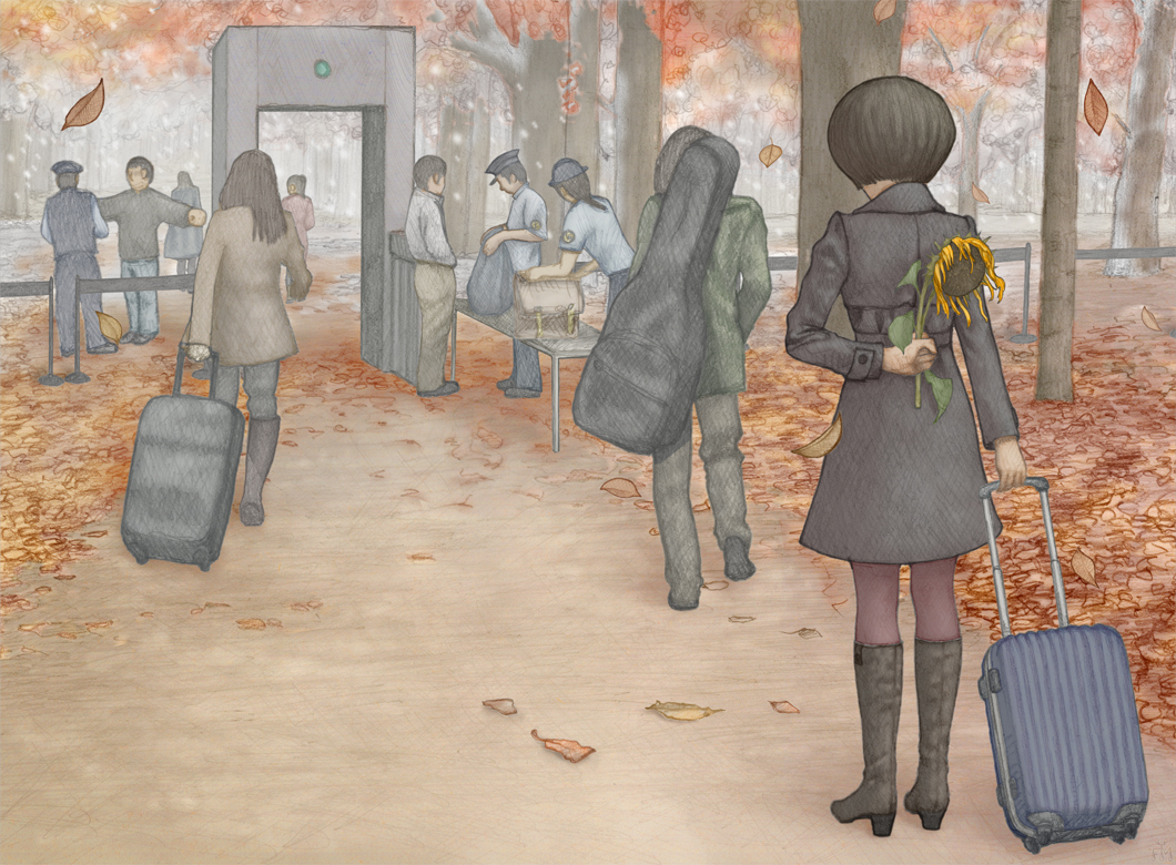 5boys, 5girls, arm_behind_back, autumn, autumn_leaves, bag, barricade, black_coat