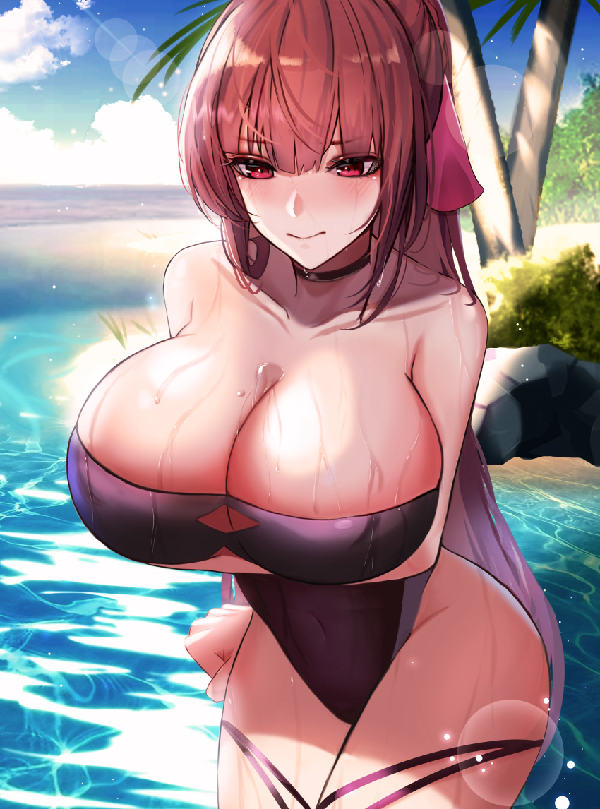 1girl, absurdres, arm_behind_back, bad_id, bad_pixiv_id, bare_shoulders, beach, black_choker