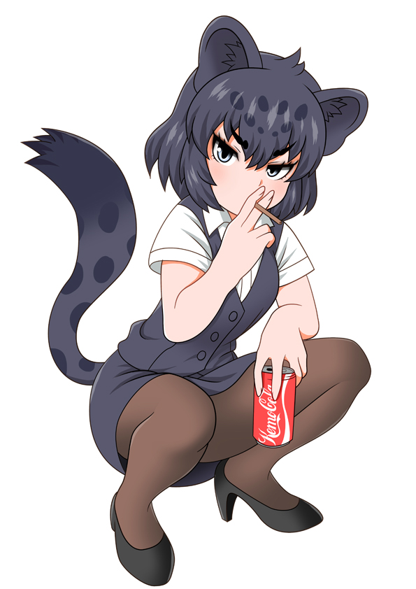 1girl, animal_ears, bagua_zhang, black_jaguar_(kemono_friends), breasts, coca-cola, formal_clothes, grey_eyes