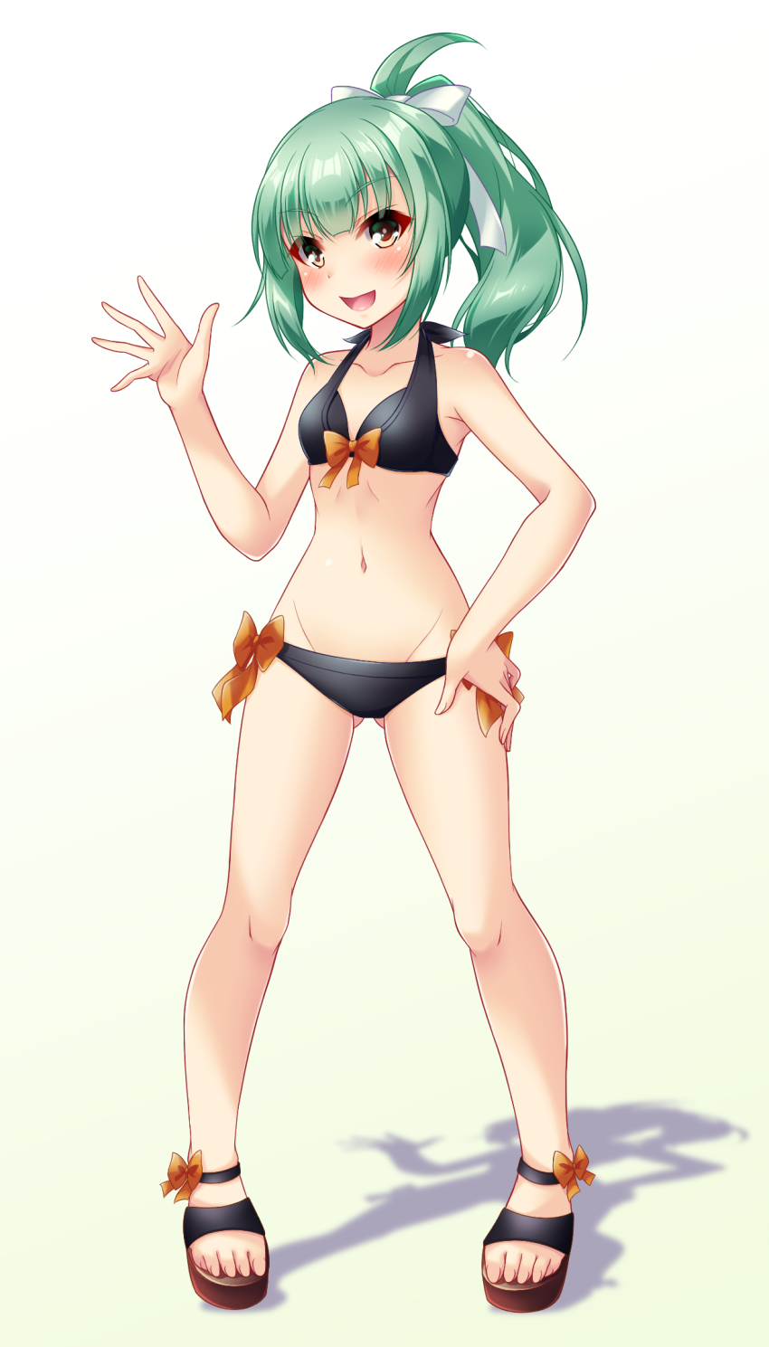 1girl, bikini, black_bikini, breasts, brown_eyes, collarbone, full_body, green_hair