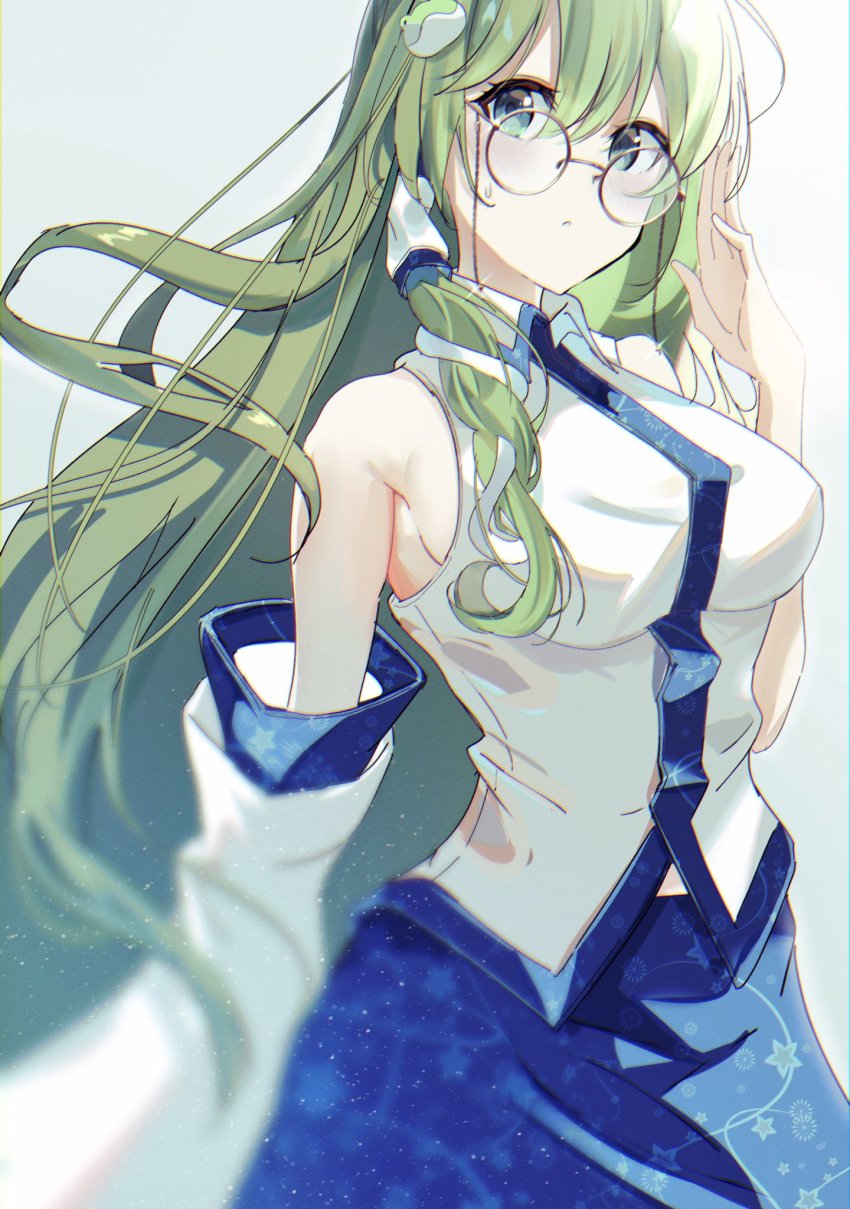 1girl, arm_up, bare_shoulders, blue_skirt, breasts, collared_shirt, detached_sleeves, frog_hair_ornament