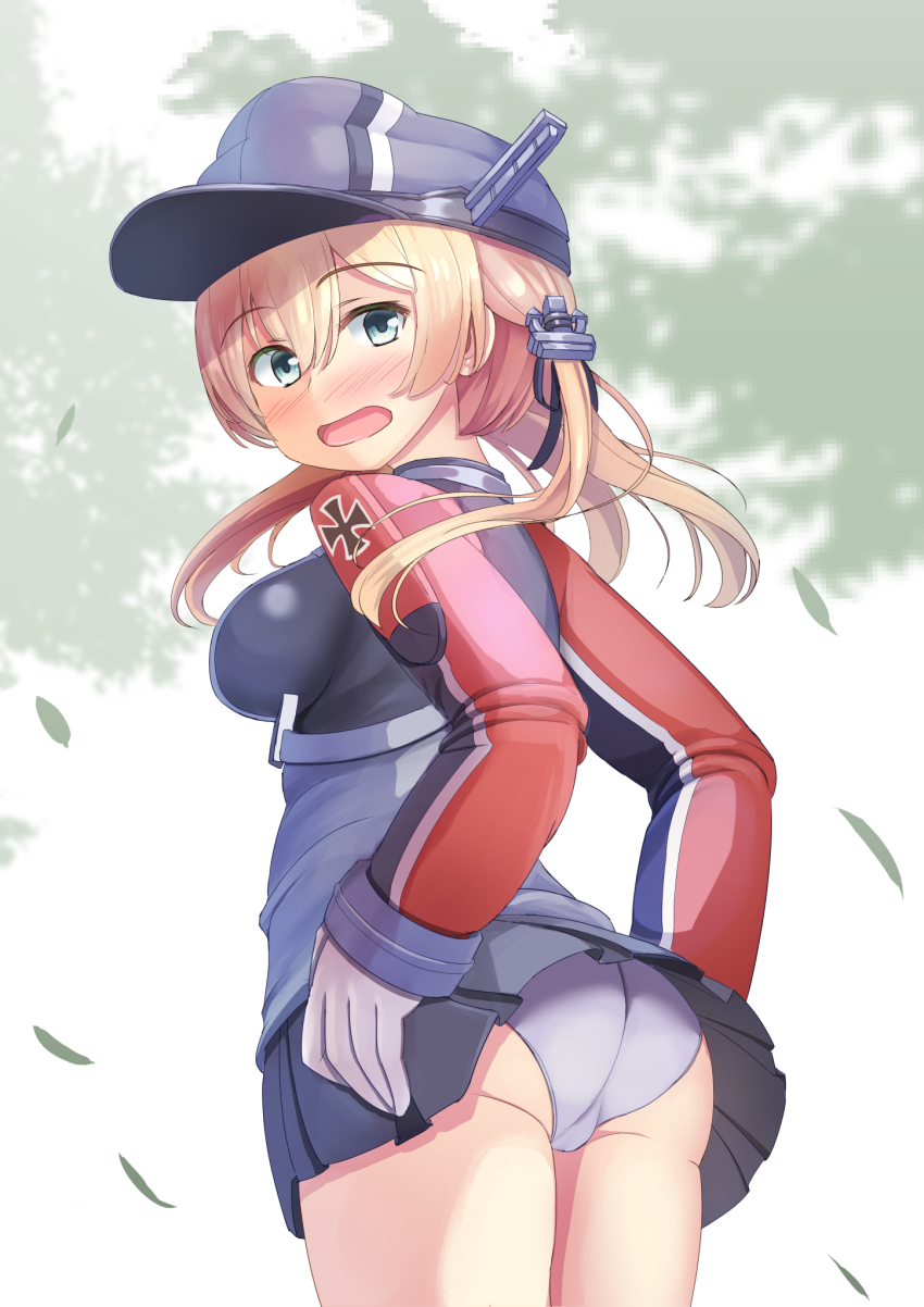 1girl, anchor_hair_ornament, aqua_eyes, ass, black_skirt, blonde_hair, breasts, gloves