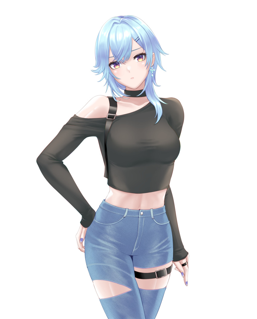 1girl, absurdres, alternate_costume, black_shirt, blouse, blue_hair, casual, choker, denim, earrings, eula_(genshin_impact), genshin_impact, hair_ornament, hairclip, high-waist_pants, highres, jeans, jewelry, looking_at_viewer, me_ao_(many_blue_leaves), midriff, pants, shirt, solo, thigh_strap, thighlet