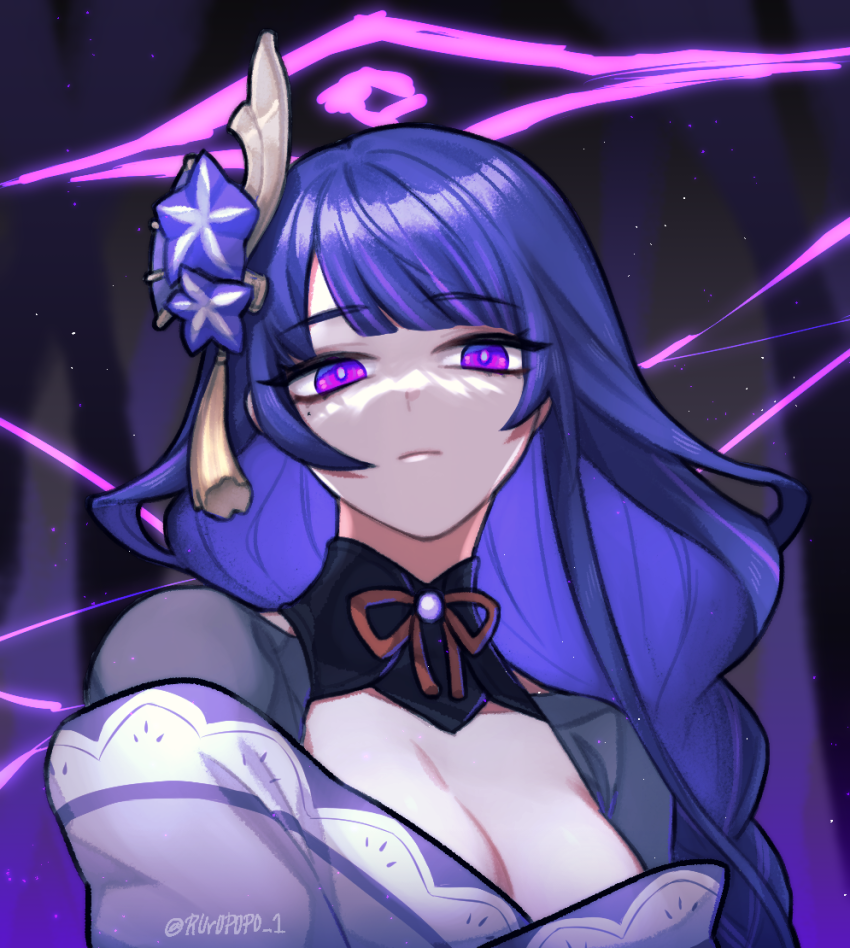 1girl, blunt_bangs, braid, breasts, cleavage, genshin_impact, hair_ornament, half-closed_eyes