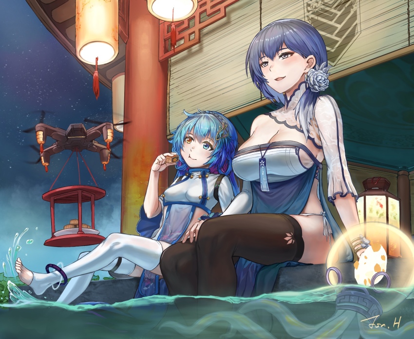 2girls, asymmetrical_sleeves, black_legwear, blue_eyes, blue_hair, braid, breasts, crown_braid