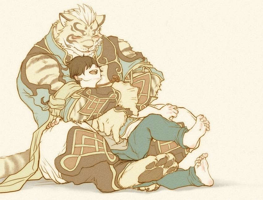 2boys, animal_ears, bara, beige_fur, blush, chillasan, full_body, furry