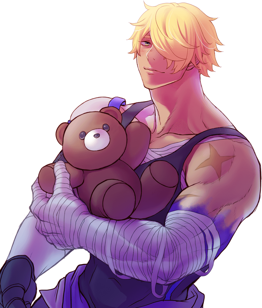 1boy, bandages, bandaged_arm, bara, bare_shoulders, black_tank_top, blonde_hair, character_request, chillasan, cross_scar, gyee, hair_over_one_eye, holding, holding_stuffed_toy, male_focus, muscular, muscular_male, pectorals, sarashi, scar, scar_on_arm, short_hair, sidepec, solo, stuffed_animal, stuffed_toy, tank_top, teddy_bear, upper_body, white_background