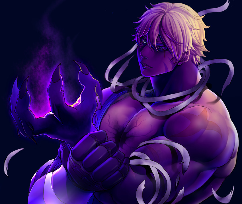 1boy, bandages, bara, black_sclera, blonde_hair, character_request, chillasan, claws