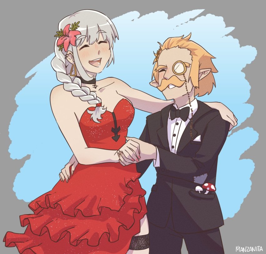 arm_around_another's_waist, black_suit, blonde_hair, collarbone, crmanzana, dress, earrings, formal_clothes, hololive, hololive_english, jacket, jewelry, monocle, multicolored_hair, mushroom, mythbreakers_(hololive_english), necktie, open_mouth, short_hair, smile, suit, takanashi_kiara, tiara_(mythbreakers), virtual_youtuber, watoto_(mythbreakers), watson_amelia, world_of_darkness