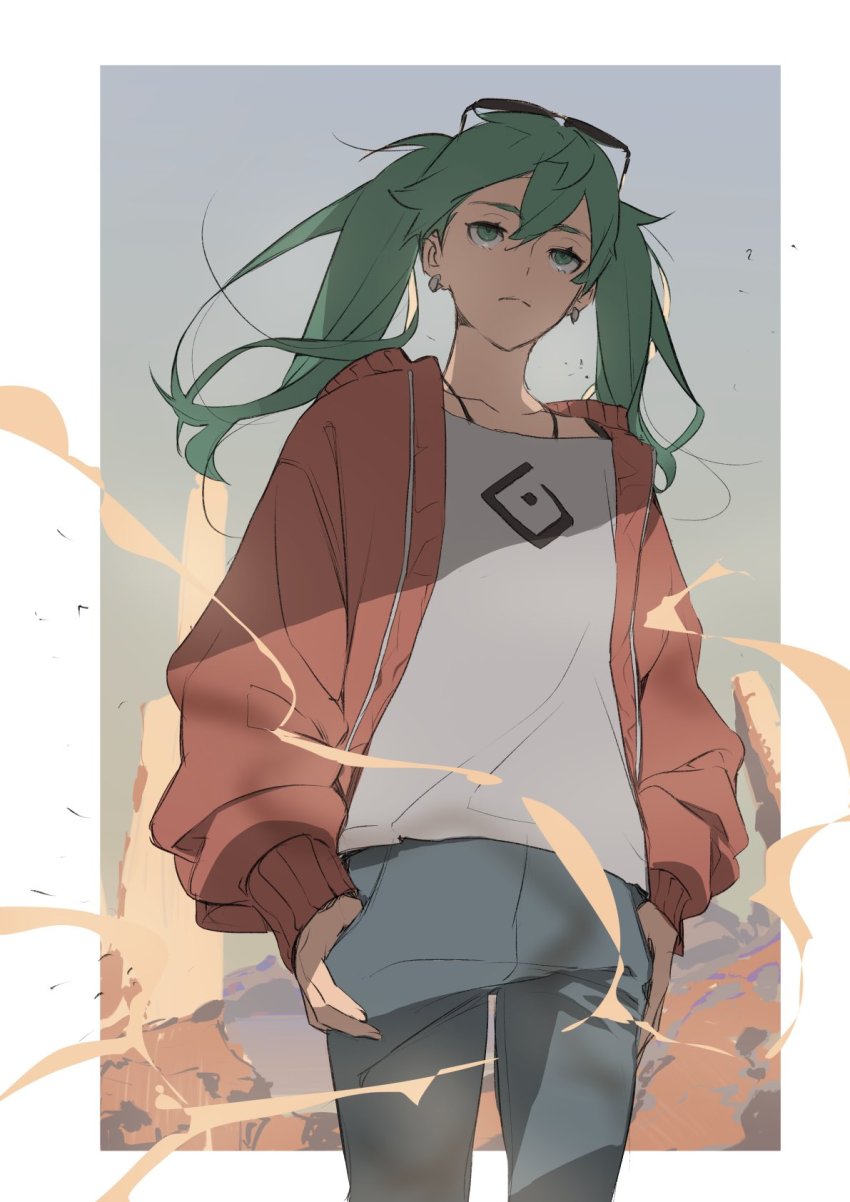 1girl, aqua_hair, cowboy_shot, desert, detached_sleeves, dust_cloud, green_eyes, green_hair