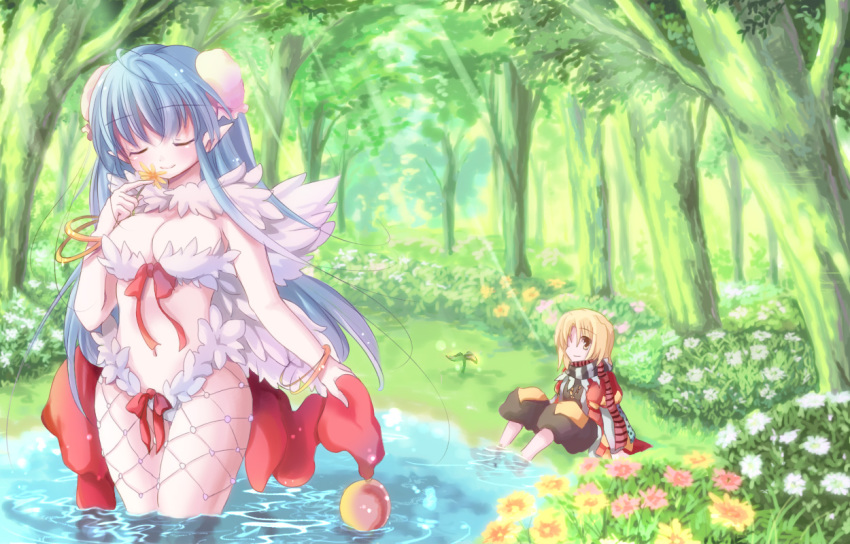 1boy, 1girl, bad_id, bad_pixiv_id, blonde_hair, blue_hair, blush, brown_eyes, chibi, couple, double_bun, elf, flower, forest, hair_bun, hetero, hizukiryou, long_hair, minstrel_(ragnarok_online), nature, pointy_ears, ragnarok_online, scarf, smile, tree, wanderer_(ragnarok_online), water, wings