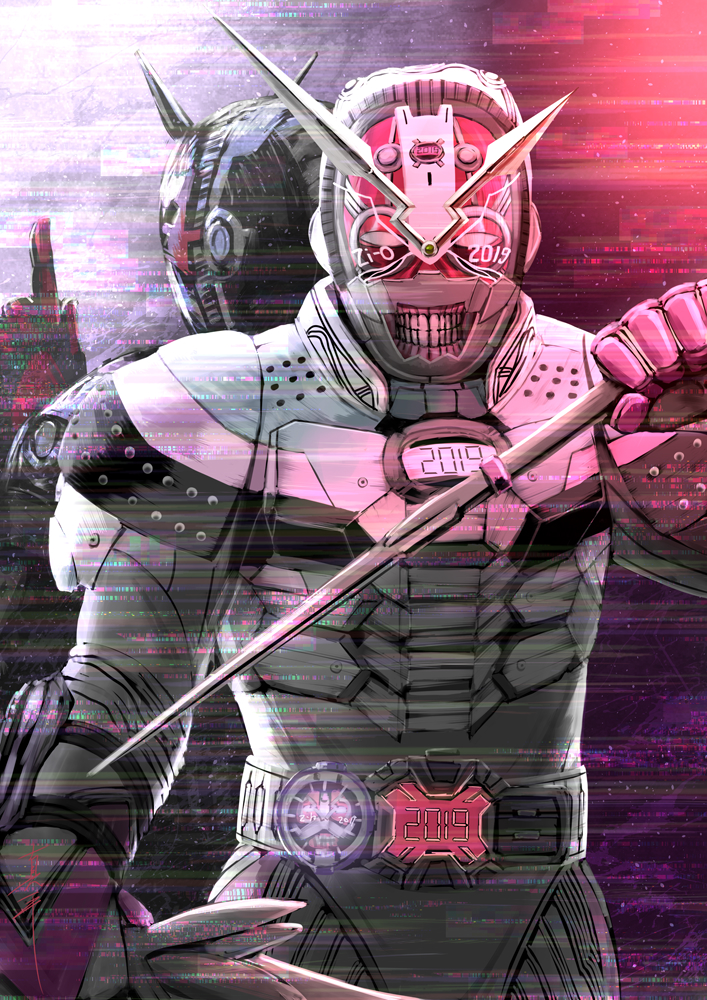 2019, 2boys, another_rider_(zi-o), another_zi-o, armor, back-to-back, black_armor, black_gloves, clenched_teeth, clock, clock_hands, creature, dark_persona, gloves, holding, holding_sword, holding_weapon, kamen_rider, kamen_rider_zi-o, kamen_rider_zi-o_(series), monster, multiple_boys, name_connection, rider_watch, shinpei_(shimpay), split_image, sword, teeth, timestamp, visor, weapon, white_armor, white_eyes