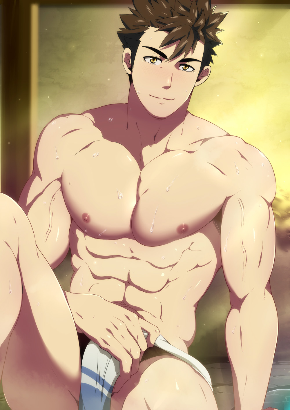 1boy, abs, bara, black_hair, briefs, closed_mouth, full_service_(mazjojo), highres, large_pectorals, leg_up, looking_at_viewer, male_focus, male_underwear, mazjojo, muscular, muscular_male, navel, nipples, official_art, onsen, pectorals, rald_schwarz, short_hair, sitting, solo, thick_thighs, thighs, topless_male, underwear, veins, veiny_arms, wet, white_male_underwear