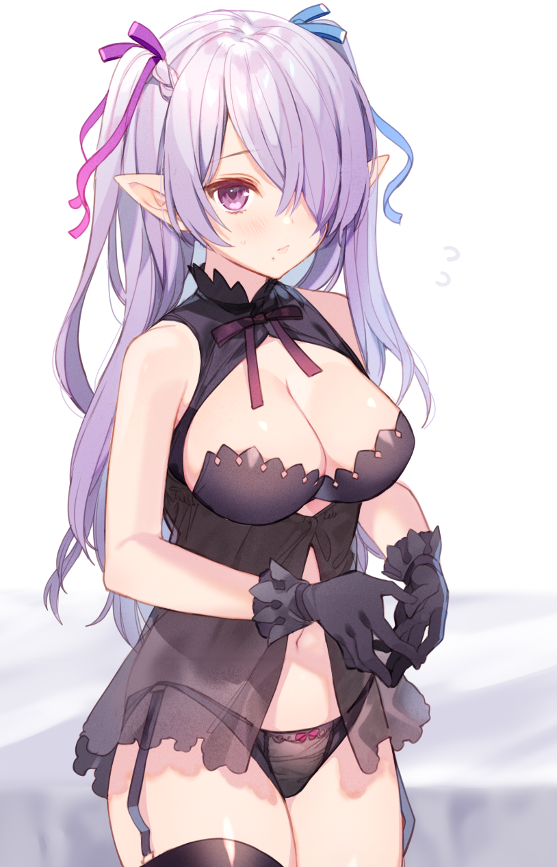 1girl, babydoll, bad_id, bad_pixiv_id, bare_shoulders, bed_sheet, black_gloves, black_legwear