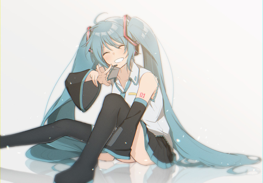 1girl, ^_^, absurdres, ahoge, arm_tattoo, black_boots, black_skirt, black_sleeves